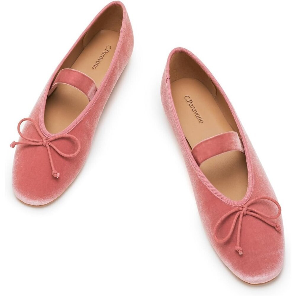 Women's Velvet Bow Pink Upper Round Toe Ballerinas Pull On Flats Ballet Shoes
